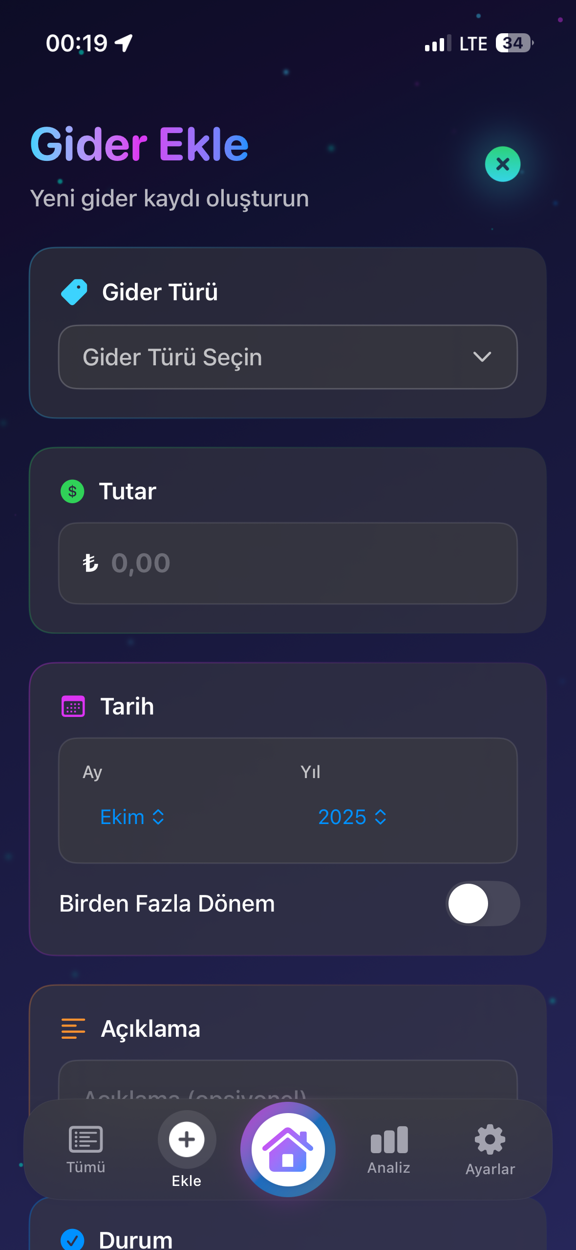 Gider ekleme ekrani
